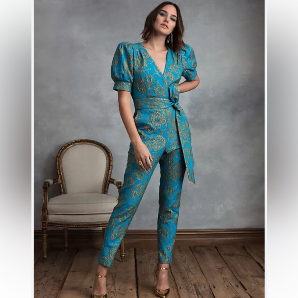 HappyxNature Kate Hudson Jacquard Skyglo Puff Sleeve Jumpsuit Teal Gold Size 4